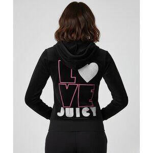 Vintage Y2K Juicy Couture Black Velour Hoodie Love Juicy Sparkly Logo Noughties